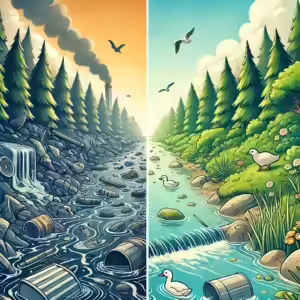 Dalle 2025 02 14 105601 uma imagem conceitual mostrando o impacto ambiental do descarte irregular de esgoto de um lado um rio poluido com lixo e agua escura afetando a fau